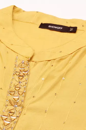 women's calf length mandarin collar mustard embellished straight kurta