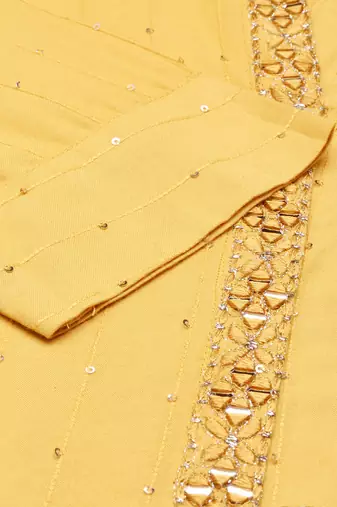 women's calf length mandarin collar mustard embellished straight kurta