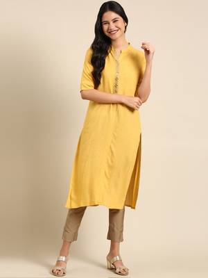 women's calf length mandarin collar mustard embellished straight kurta 1