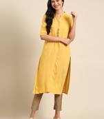 women's calf length mandarin collar mustard embellished straight kurta