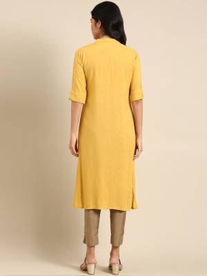 women's calf length mandarin collar mustard embellished straight kurta 5