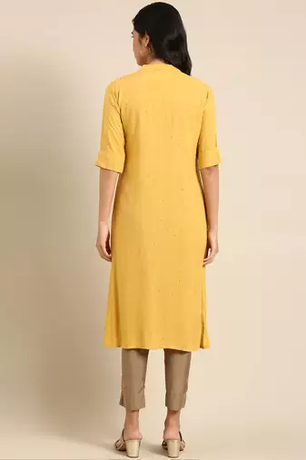 women's calf length mandarin collar mustard embellished straight kurta