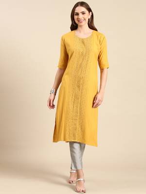 Showoff women's knee length scoop neck mustard embellished straight kurta 1