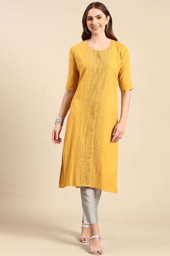 Showoff women's knee length scoop neck mustard embellished straight kurta