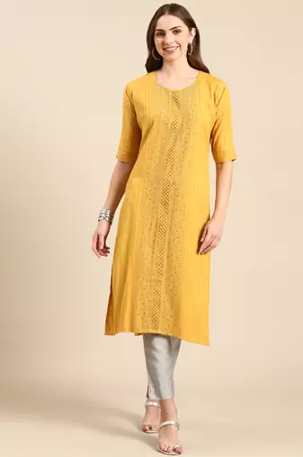 Showoff women's knee length scoop neck mustard embellished straight kurta
