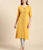 Showoff women's knee length scoop neck mustard embellished straight kurta