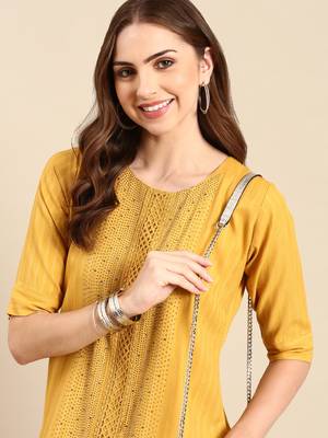 Showoff women's knee length scoop neck mustard embellished straight kurta 2