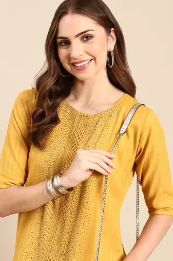 Showoff women's knee length scoop neck mustard embellished straight kurta