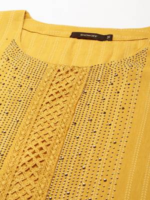 Showoff women's knee length scoop neck mustard embellished straight kurta 3