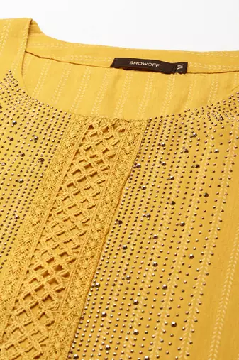 Showoff women's knee length scoop neck mustard embellished straight kurta