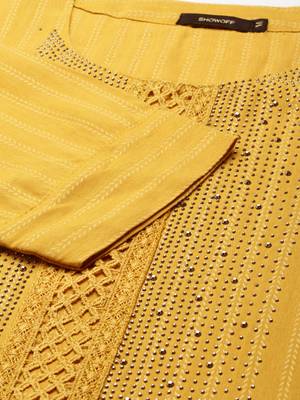 Showoff women's knee length scoop neck mustard embellished straight kurta 4