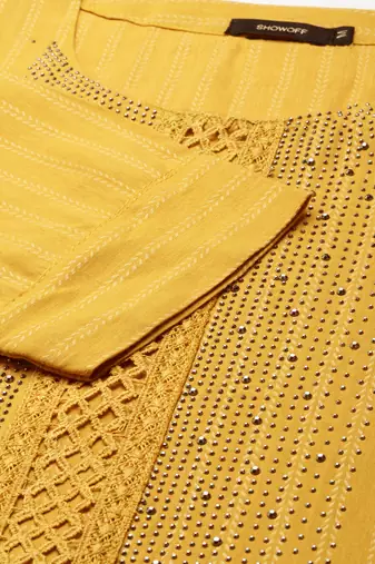 Showoff women's knee length scoop neck mustard embellished straight kurta
