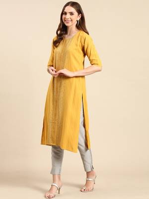 Showoff women's knee length scoop neck mustard embellished straight kurta 5