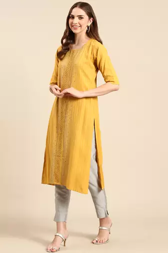 Showoff women's knee length scoop neck mustard embellished straight kurta