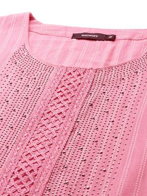 women's calf length round neck pink striped straight kurta 3