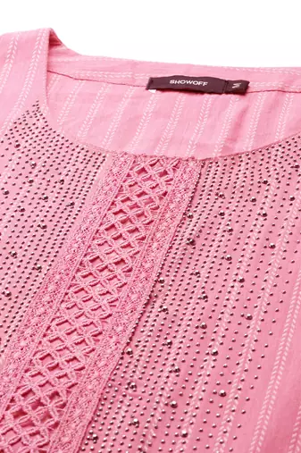 women's calf length round neck pink striped straight kurta