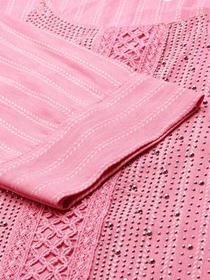 women's calf length round neck pink striped straight kurta 4