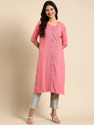 women's calf length round neck pink striped straight kurta 1