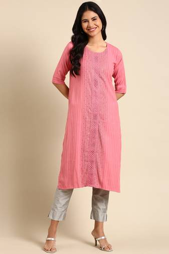 women's calf length round neck pink striped straight kurta