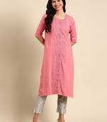 women's calf length round neck pink striped straight kurta