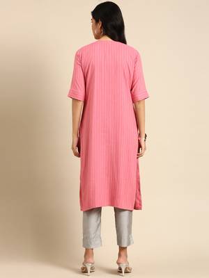 women's calf length round neck pink striped straight kurta 5