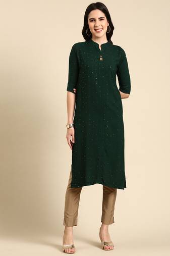 Showoff women's knee length mandarin collar green embellished straight kurta