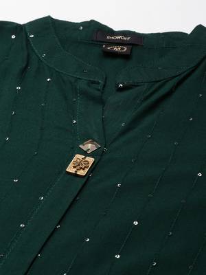 Showoff women's knee length mandarin collar green embellished straight kurta 3