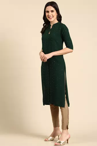 Showoff women's knee length mandarin collar green embellished straight kurta