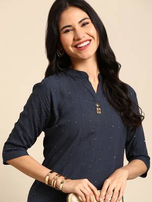 women's calf length mandarin collar teal woven design straight kurta 2