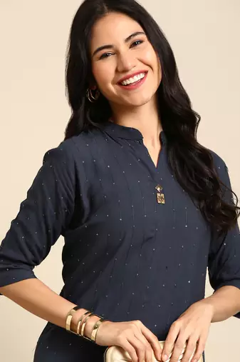 women's calf length mandarin collar teal woven design straight kurta