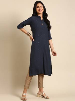 women's calf length mandarin collar teal woven design straight kurta 1