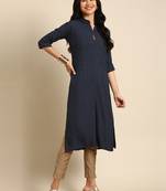 women's calf length mandarin collar teal woven design straight kurta