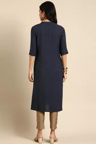 women's calf length mandarin collar teal woven design straight kurta