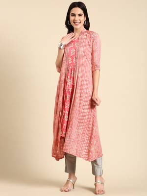 women's calf length mandarin collar coral ethnic motifs anarkali kurta 1