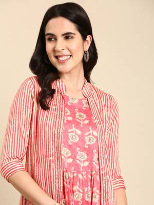 women's calf length mandarin collar coral ethnic motifs anarkali kurta 2