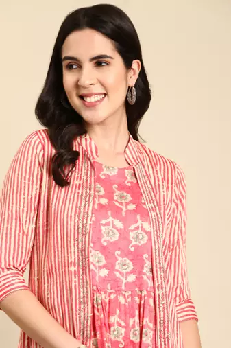 women's calf length mandarin collar coral ethnic motifs anarkali kurta