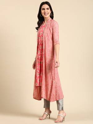 women's calf length mandarin collar coral ethnic motifs anarkali kurta 5