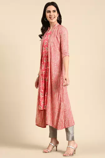women's calf length mandarin collar coral ethnic motifs anarkali kurta