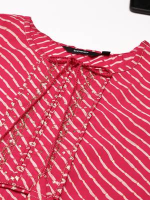 Showoff women's ankle length mandarin collar pink striped anarkali kurta 3