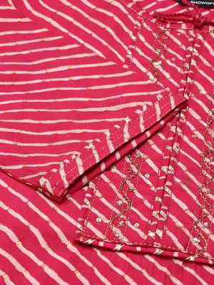 Showoff women's ankle length mandarin collar pink striped anarkali kurta 4