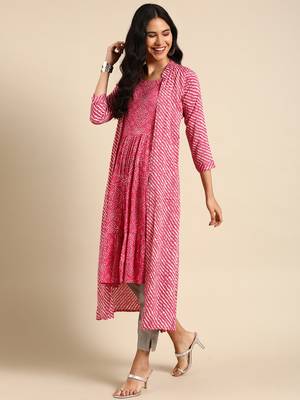 Showoff women's ankle length mandarin collar pink striped anarkali kurta 1
