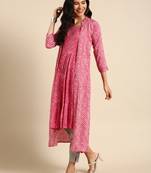 Showoff women's ankle length mandarin collar pink striped anarkali kurta