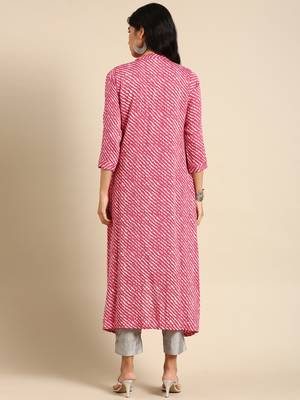 Showoff women's ankle length mandarin collar pink striped anarkali kurta 5