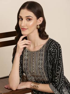 women's ankle length round neck black bandhani anarkali kurta 2