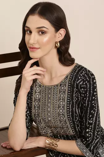 women's ankle length round neck black bandhani anarkali kurta