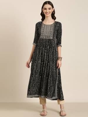 women's ankle length round neck black bandhani anarkali kurta 1