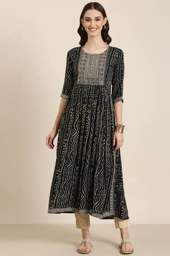 women's ankle length round neck black bandhani anarkali kurta