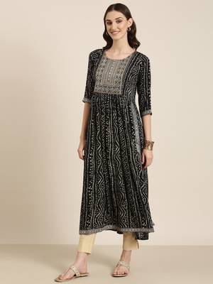 women's ankle length round neck black bandhani anarkali kurta 5