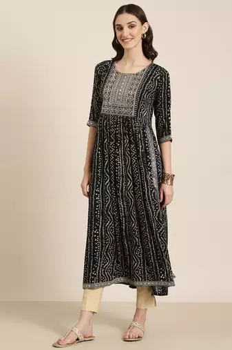 women's ankle length round neck black bandhani anarkali kurta