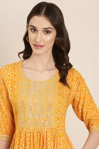 Showoff women's ankle length round neck mustard bandhani anarkali kurta